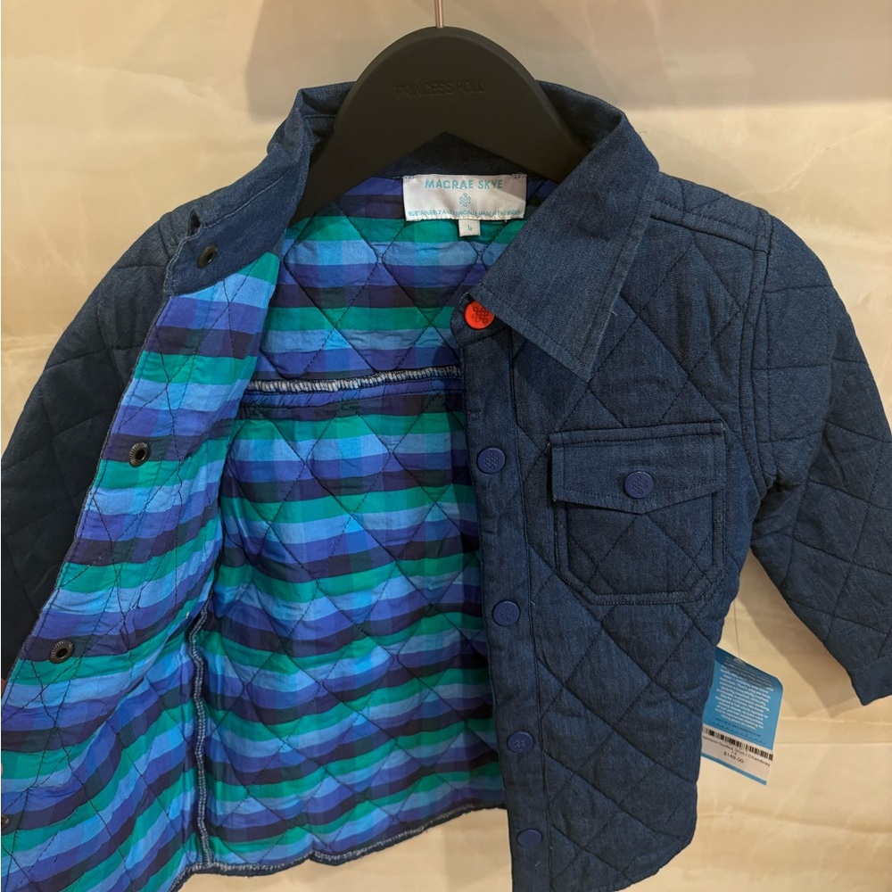 Blue Quilted Jacket with Striped Lining